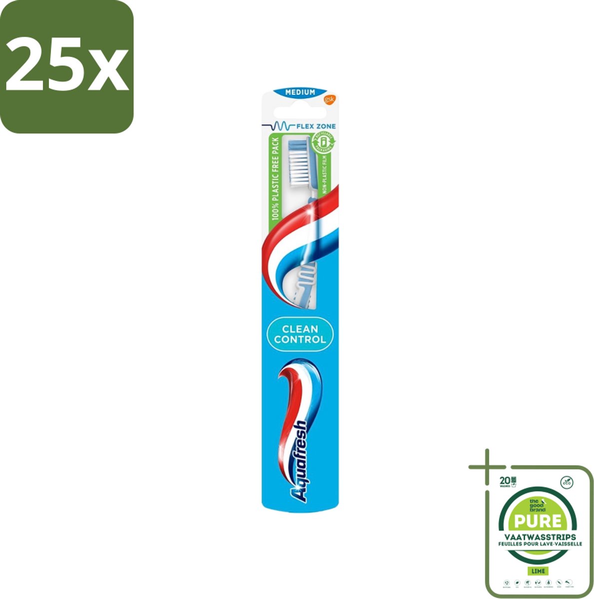 25 x Aquafresh Tandenborstel Clean Control Medium - Grootverpakking - Tandenborstel - Tandenborstel Medium - Reiniging Tanden - Tandvlees Bescherming - Tandplak Voorkomen