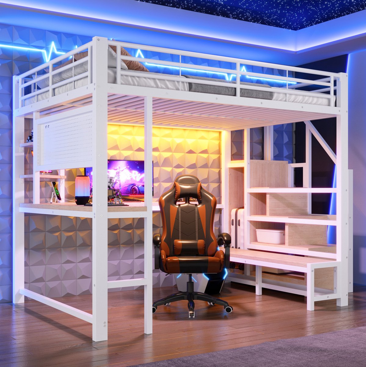 COVREO Hoogslaper 140 x 200 cm wit, metaal MDF, tafel en LED verlichting