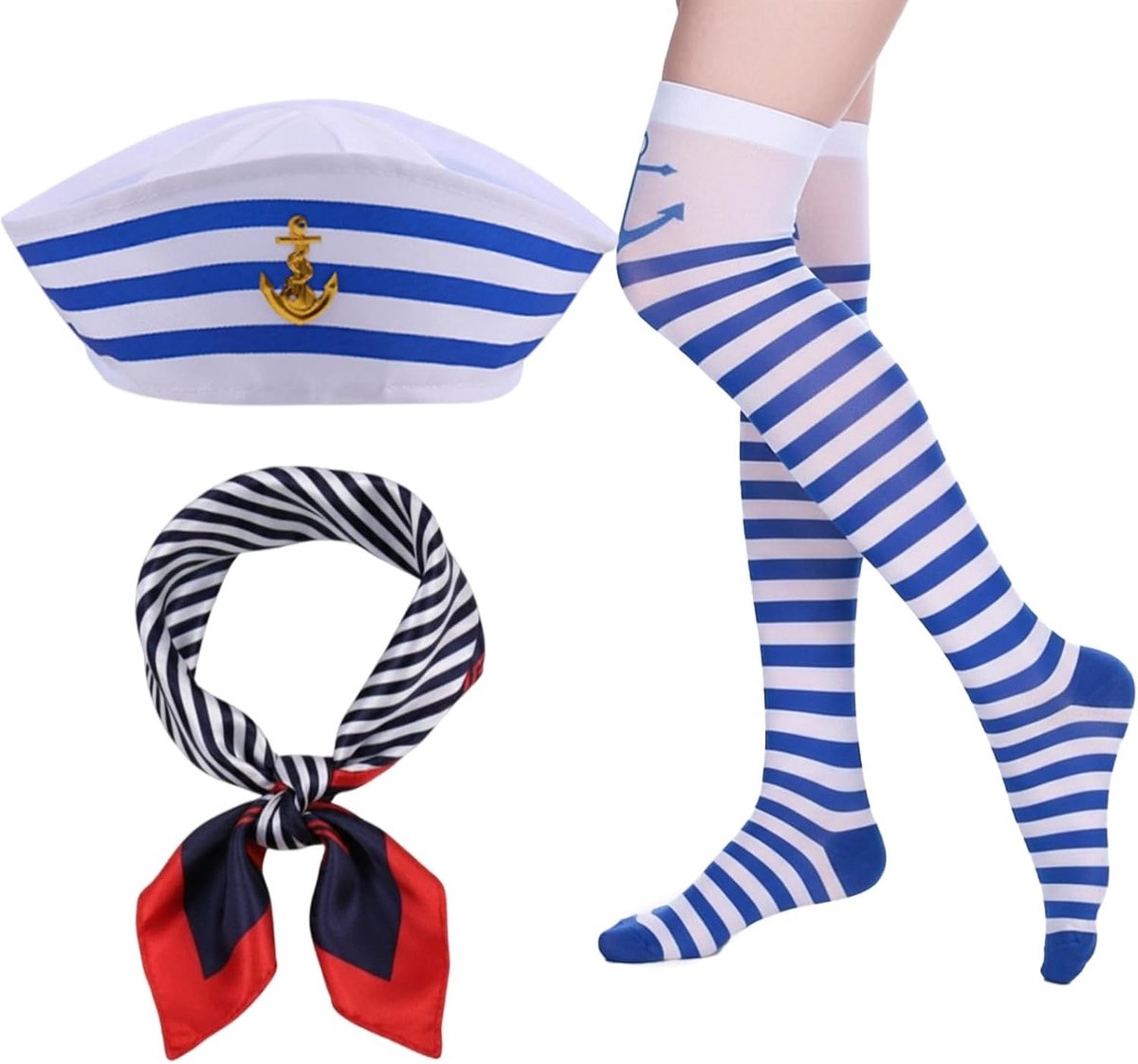 Vrouwelijk Zeeman Kostuum Set van 3, Blauw en Wit Zeeman Hoed, Sjaal en Overknee Kousen voor Carnaval en Feestjes