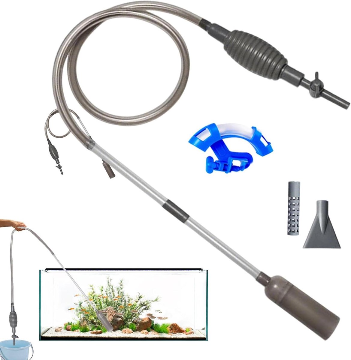 Aquarium Stofzuiger - Grindreiniger Set - Aquarium Onderhoud - Compleet met Accessoires - 210 cm Lengte - Grijs