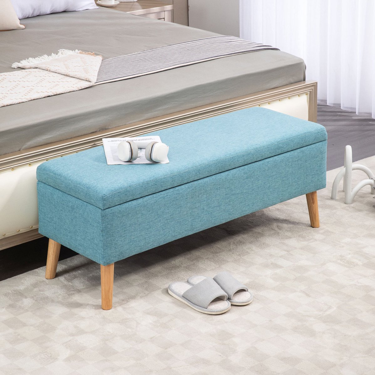 REDOM - Opbergbank - Met opbergruimte en klapzitting - Stoffen bekleding in linnenlook - Scandinavische stijl - Woonkamer, hal en slaapkamer - Polyester en hout - Blauw - 110 x 39 x 45 cm