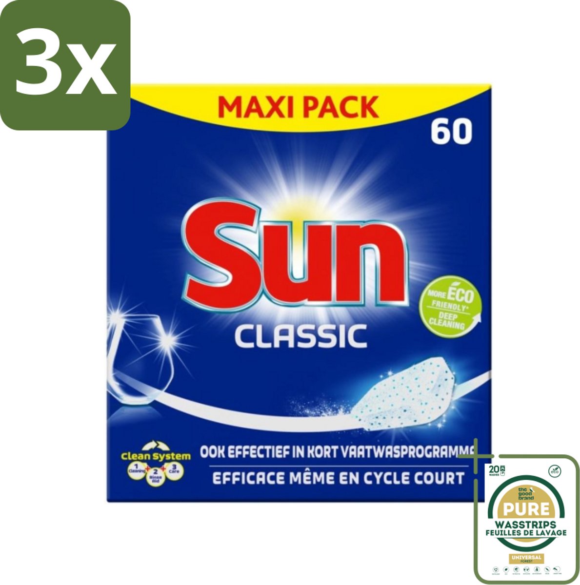 3 x Sun Classic - Vaatwastabletten - Eco - Voordeelverpakking - 60 Tabletten - Grootverpakking - Vaatwastabletten - Vaatwasser - Reinigingsproduct - Vaatwasmiddel - Eco-formule