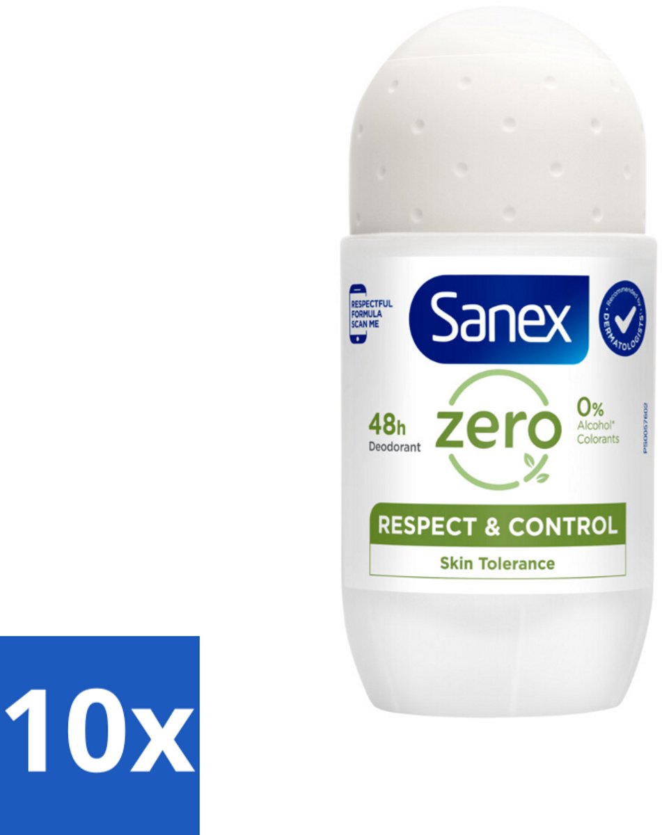 10 x Sanex Deodorant Roller Zero% Normal Skin 50 ml - 24 Uur Deodorant - Aluminiumzouten Vrij - Alcohol Vrij - Huidvriendelijk - Gevoelige Huid