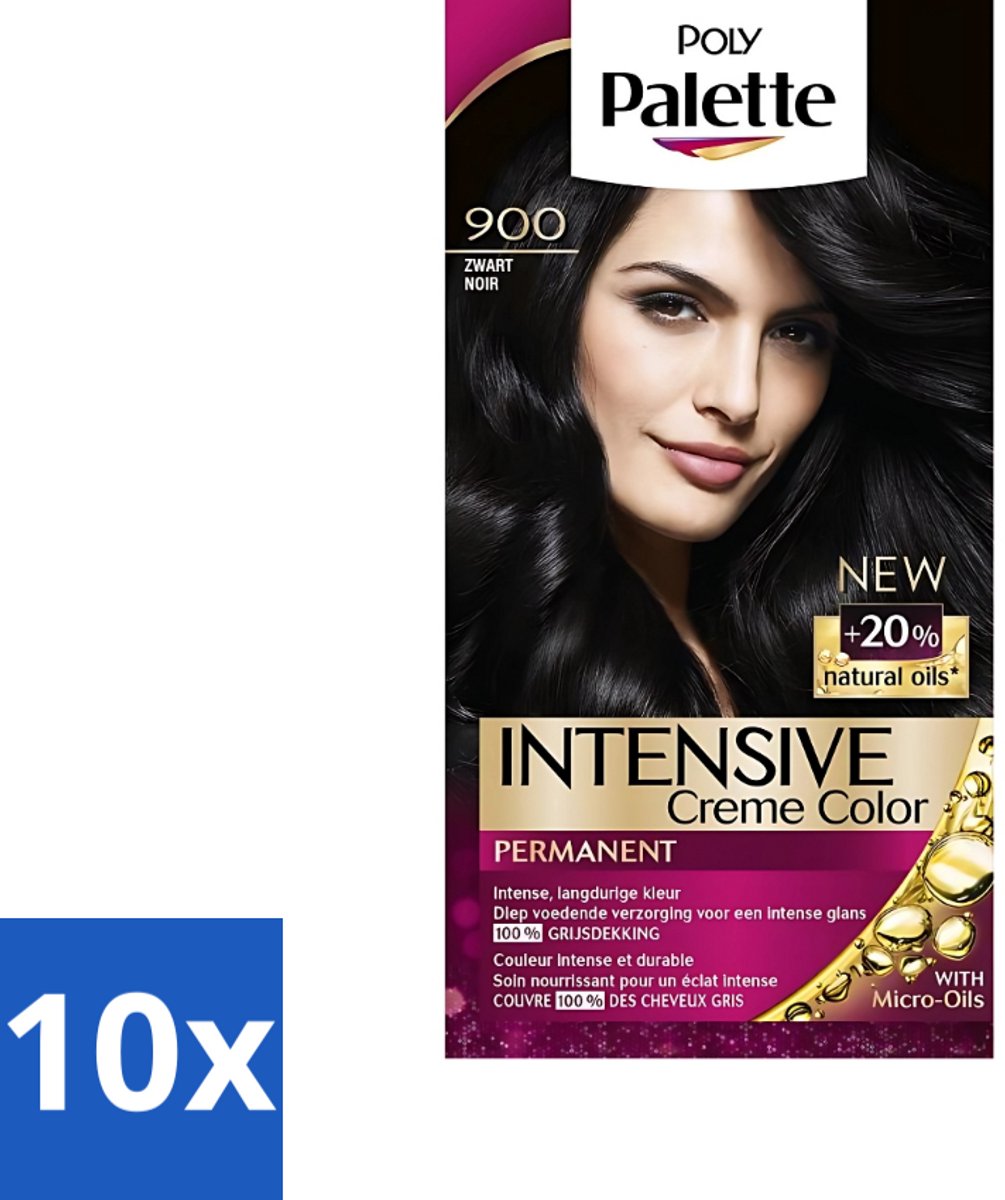 10 x Poly Palette - Haarverf - Zwart 900 - 115ml - Haarverf - Zwart - Arganolie - Haarkleur - Permanente Haarkleur