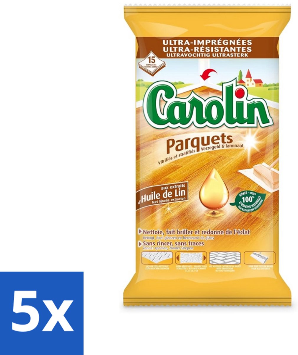 5 x Carolin - Parket Vloerdoekjes - Schoonmaakdoek - Met Lijnolie - 15 Doekjes - Parketvloerdoek - Parket Schoonmaken - Lijnolie Doek - Houtvloer Verzorgen - Parket Reinigen