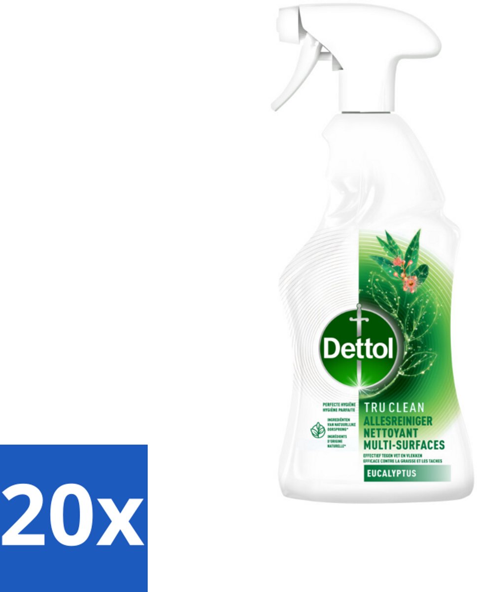 20 x Dettol Tru Clean - Allesreiniger - Spray - Eucalyptus - Multi-Oppervlakken - 500ml - Allesreiniger - Vet En Vlekken Verwijderen - Eucalyptusgeur - Natuurlijke Ingrediënten - Milieuvriendelijk