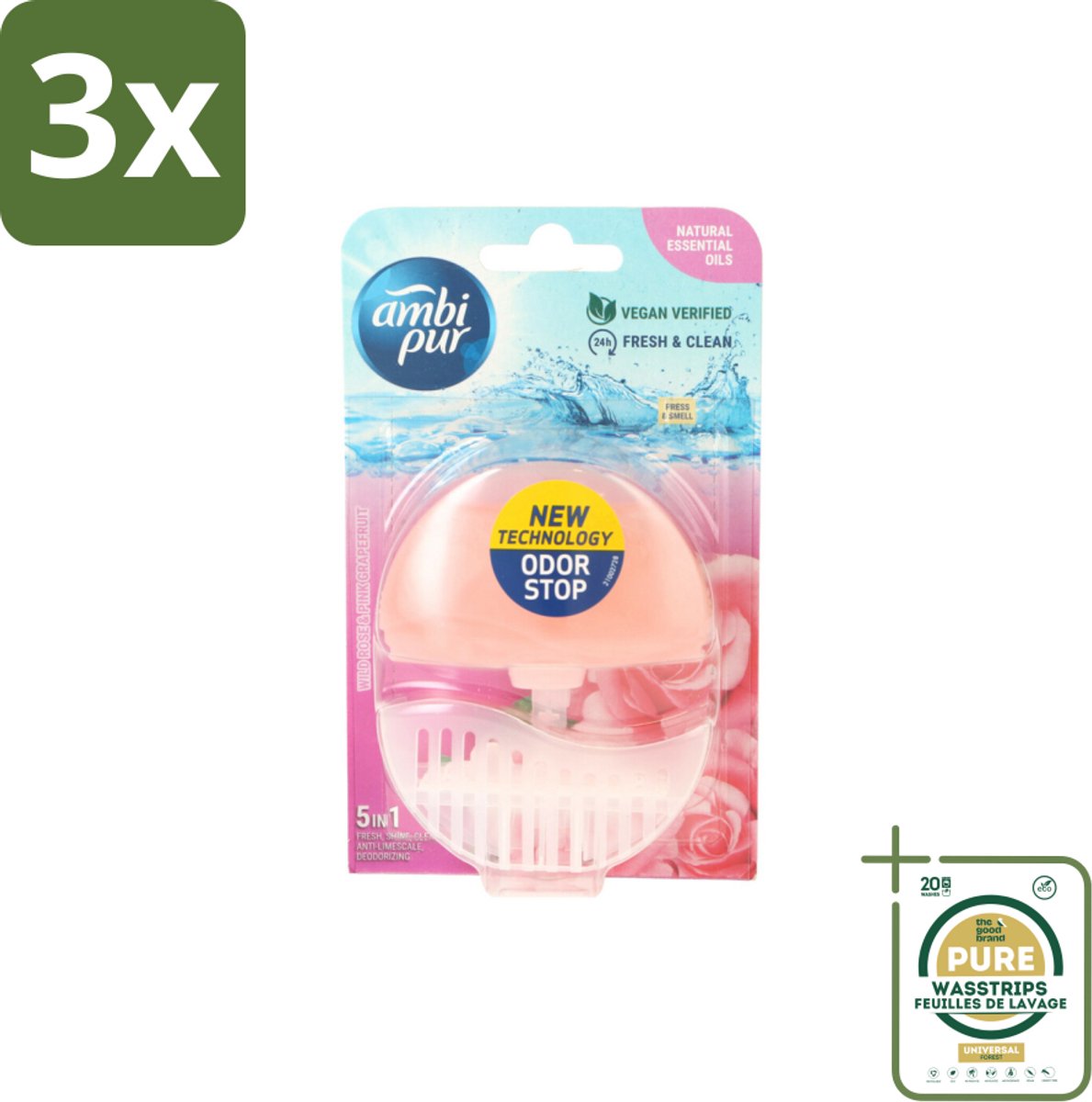 3 x Ambi Pur Toiletblok Starterkit 5in1 Wild Rose & Pink Grapefruit - Grootverpakking - Toilet - Toiletblok - Frisheid - Super Shine - Anti-kalk