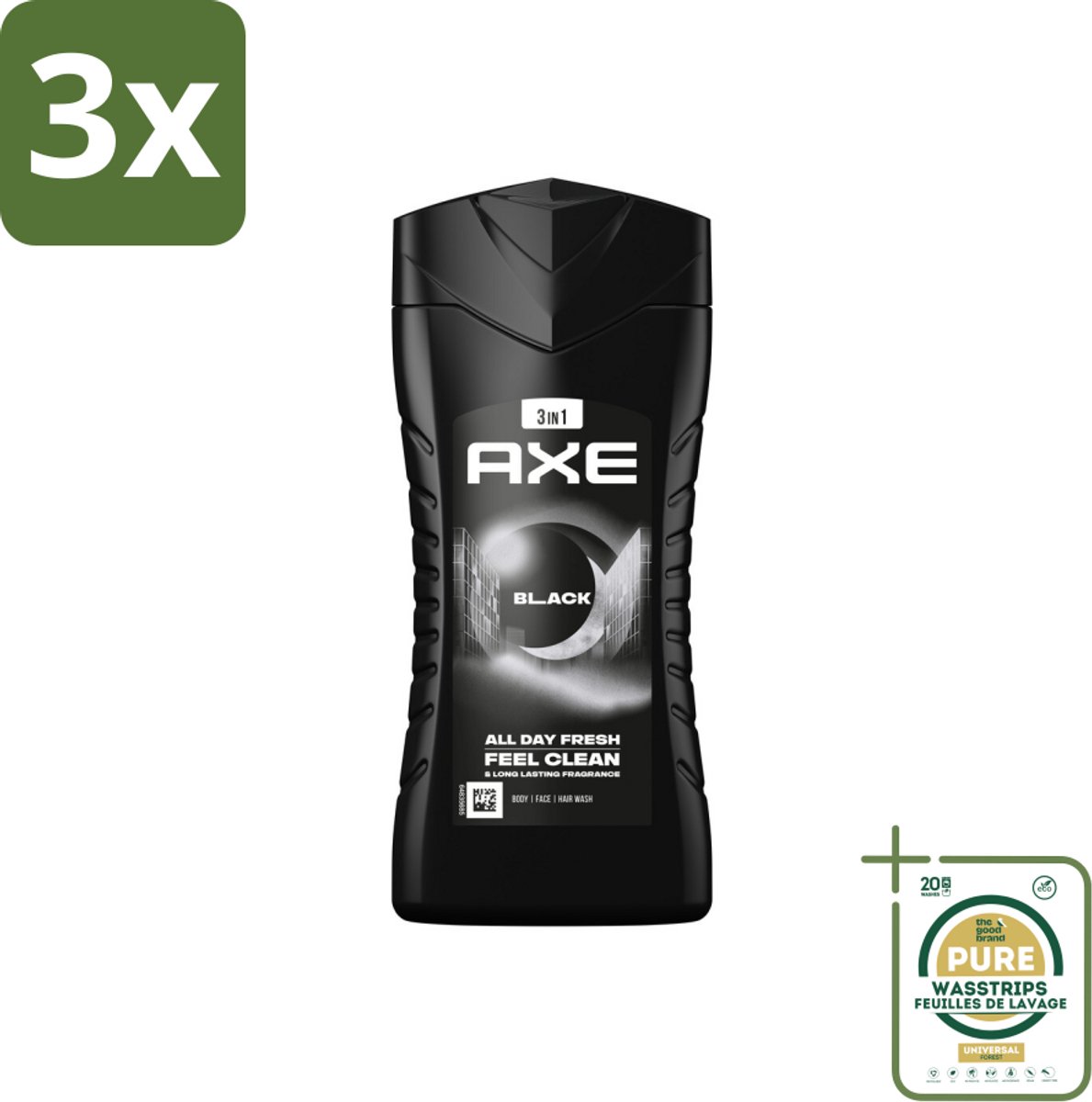 3 x Axe 3-in-1 Douchegel Black 250 ml - Grootverpakking - Douchegel - Lichaam - Gezicht - Haar - Frisheid