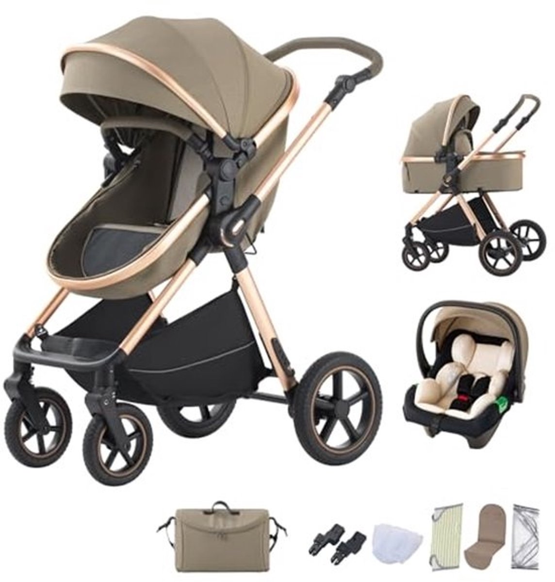 3-in-1 Kinderwagenset voor Pasgeborenen - Luxe Opvouwbare Combi-Kinderwagen
