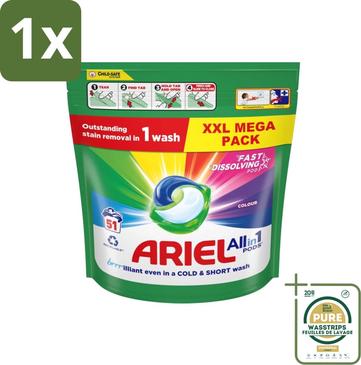 1 x Ariel Color - Wasmiddelcapsules - All-in-1 Pods - Gekleurde Was - 51 Wasbeurten- Wasmiddelcapsules - Kleurbescherming - Wasbeurten - Vlekverwijdering - Koudewas