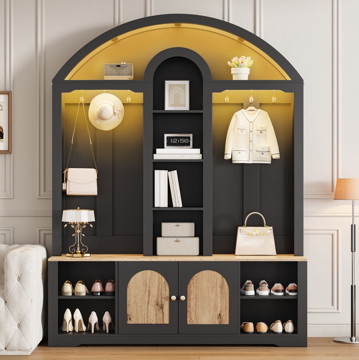 Wishdor Garderobekast - Gebogen ontwerp met open vakken en haken - Halmeubel met dubbele deuren en schoenenrek - Design - Woonkamer slaapkamer hal - MDF - Zwart - 150 x 40 x 195 cm