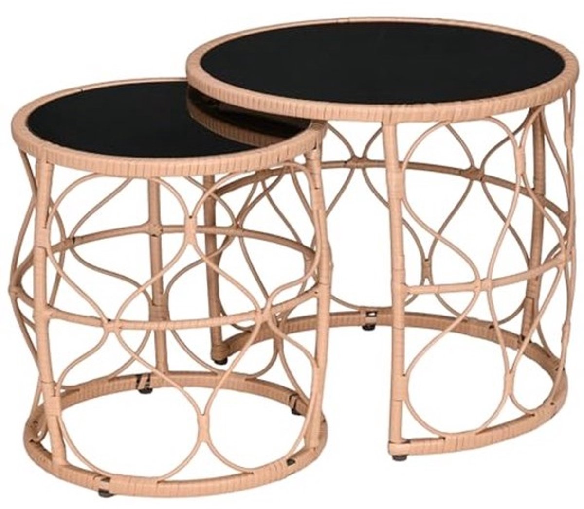 Set van 2 Rattan Bijzettafels - Stapelbare Salontafels met Glazen Blad - Boho Stijl voor Tuin en Balkon
