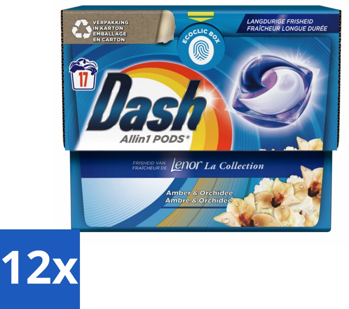 12 x Dash - Lenor Collectie - Wasmiddel Capsules - All-in-1 Pods - Witte en Gekleurde Was - Amber & Orchidee - 17 Wasbeurten - Wasmiddel Capsules - Lenor Geur - Waspoeder - Vlekkenverwijderaar - Wasverzachter