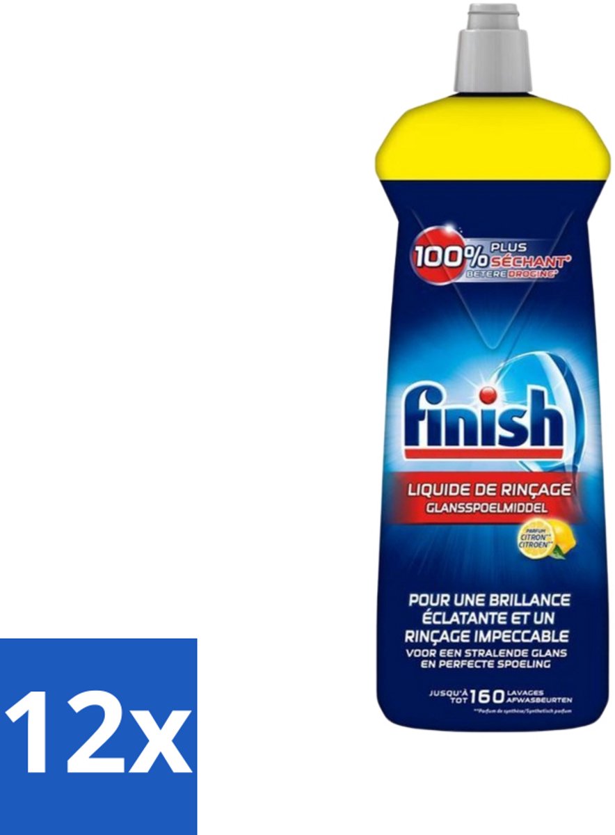 12 x Finish - Glansspoelmiddel - Citroen - Stralende glans - Tot 160 Afwasbeurten - 800 ml - Glansmiddel - Vaatwasser - Citroen - Glanzende Vaat - Snel Drogen