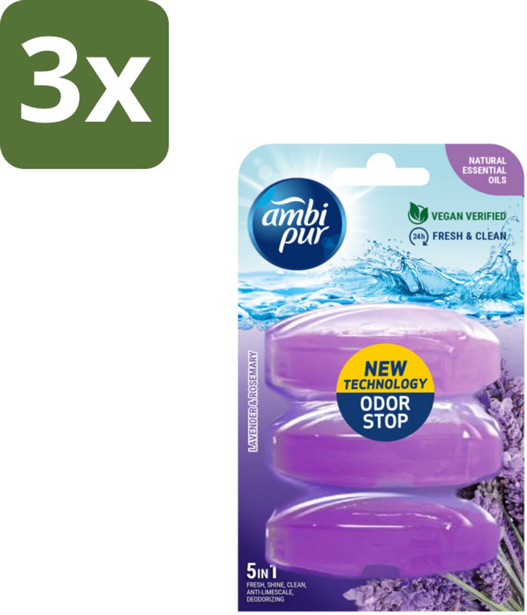 3 x Ambi Pur Toiletblok Navulling Lavendel & Rozemarijn 3 stuks per verpakking - Toiletblok Navulling - Reinigingsvulling - Frisse Toiletomgeving - Lavendel En Rozemarijn - Hygiëne