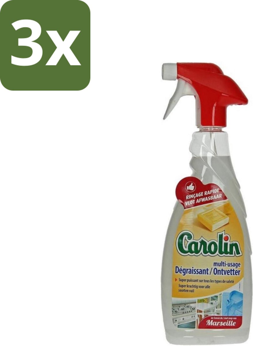 3 x Carolin - Keukenreiniger - Ontvetter - 650 ml - Ontvetter - Keukenreiniger - Marseillezeep - Vetvlekken Verwijderen - Keuken Reinigen