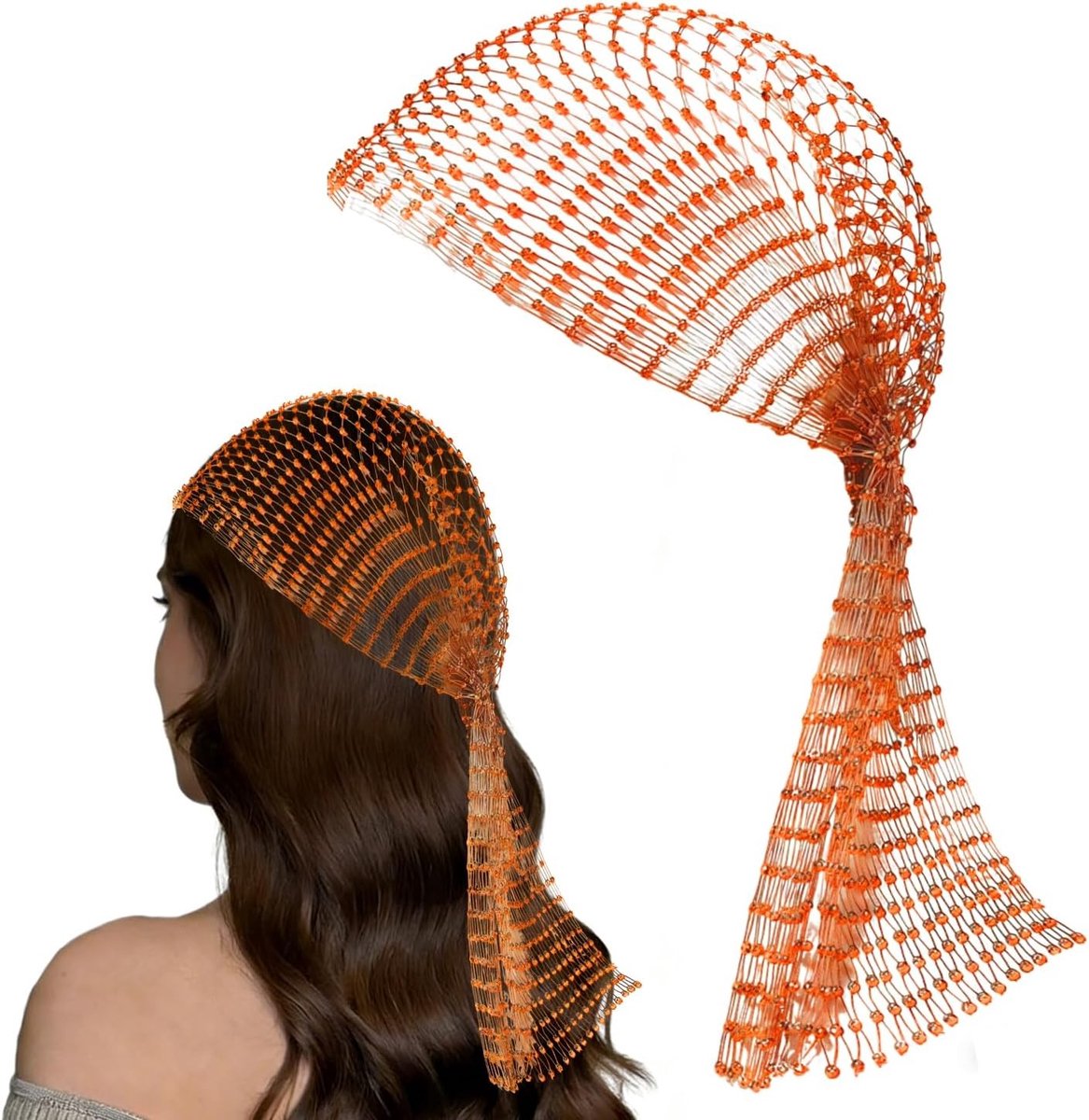 Elegante kettingmail haardecoratie voor dames, 90 cm elastisch visnet met open ontwerp, strass haarjuweel voor feestkostuumaccessoire in oranje