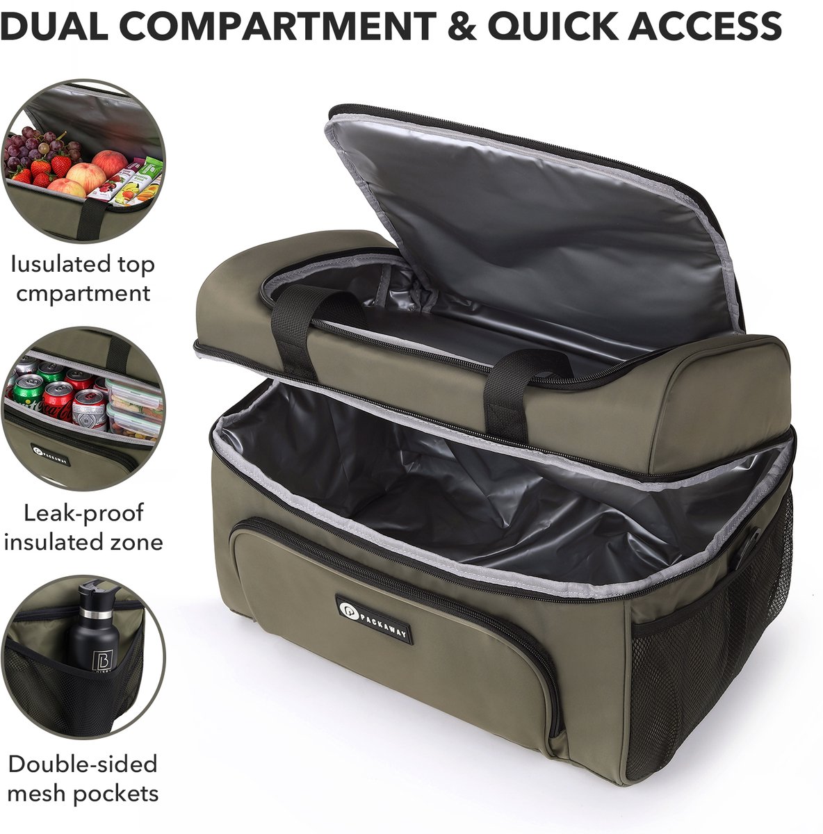 Packaway Koeltas 30L - Lunchtas - Inclusief 4 Koelelementen - Dubbel Compartiment - 4-Laags Geïsoleerd - Waterafstotend - Olive Green — cadeau in Sport & Outdoor - foto 3