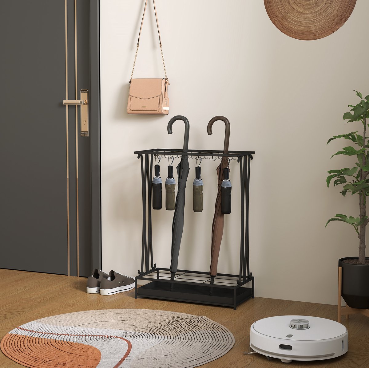 REDOM - Paraplustandaard - 24 haken en 21 vakken - Rechthoekig ontwerp - Uitneembare wateropvangbak - Moderne stijl - Hal - Staal - Zwart - 50 x 24 x 68 cm
