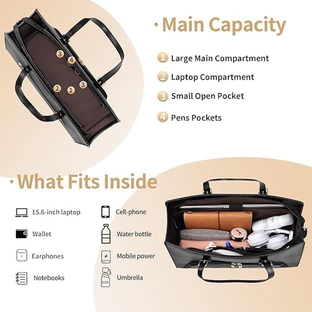 Laptoptas 2-in-1 met geïsoleerd lunchvak, gewatteerd ontwerp, geschikt voor 15,6 inch laptops, handtas voor dames met stijl en functionaliteit