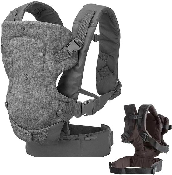 Grijze ergonomische draagzak met verstelbare banden en een apart baby-inzetstuk.