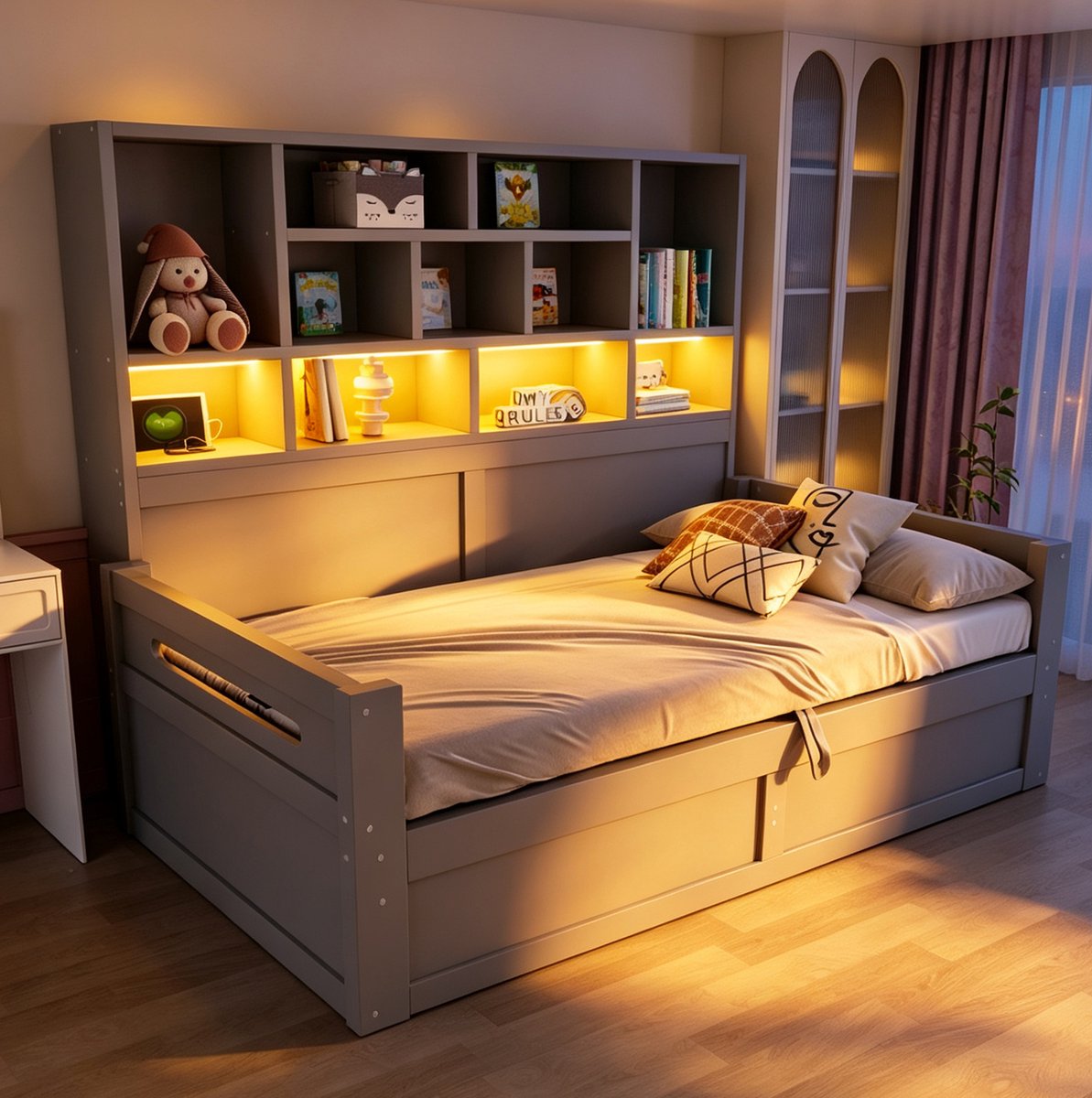 COVREO Bed 90x200 cm grijs MDF, met opbergruimte, LED en stopcontact