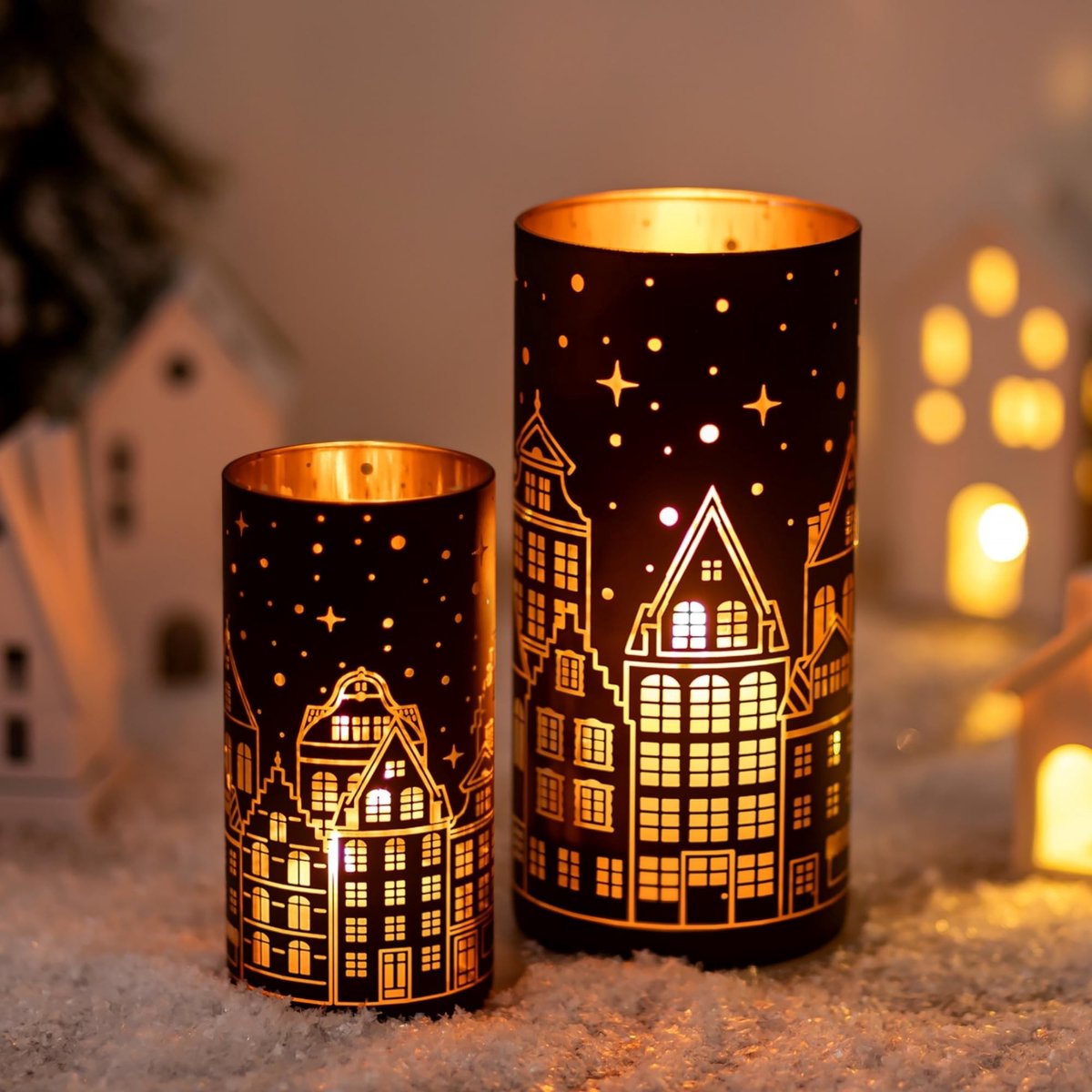 Elzusha - Set van 2 Elegante Kerst Lantaarns in Zwart en Goud