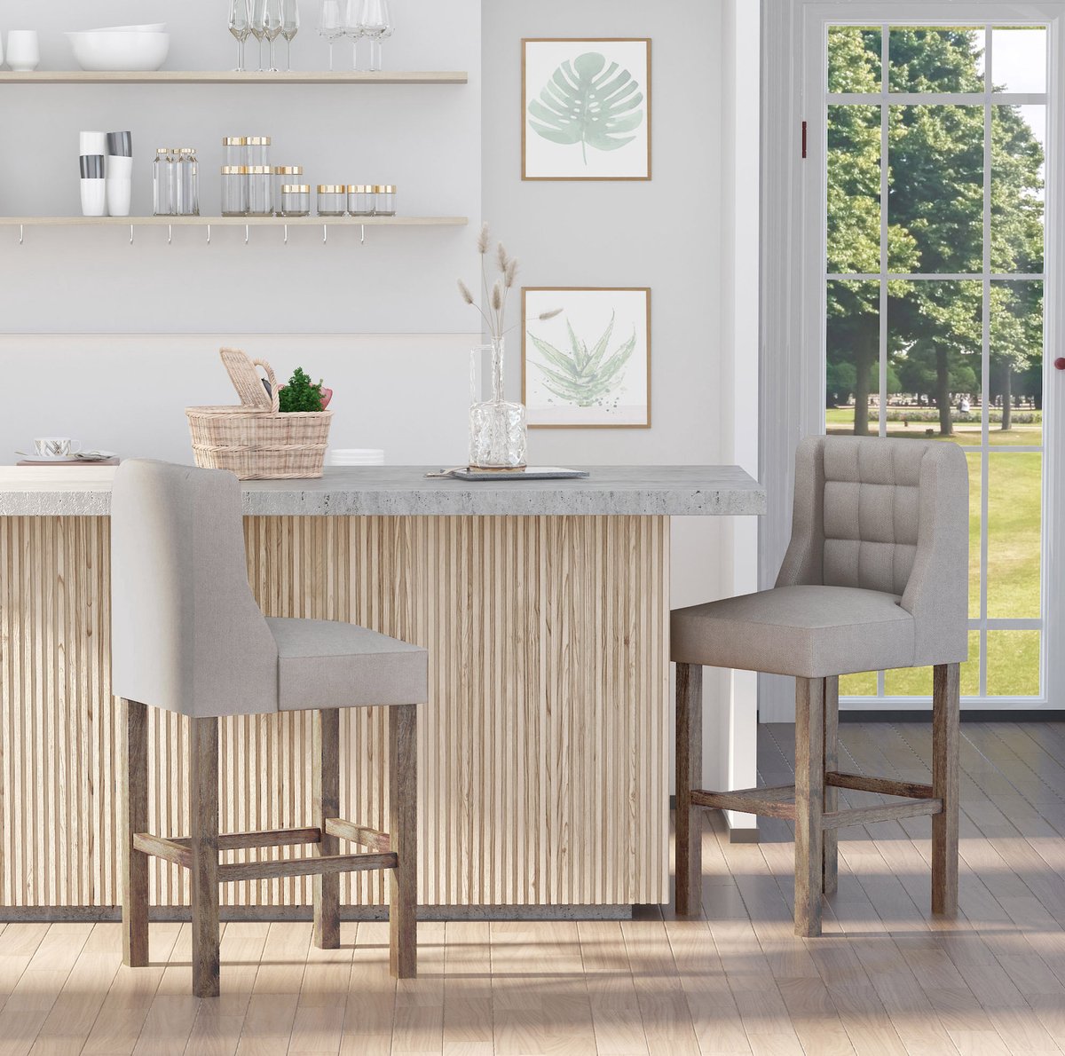 MIVRAY Barkruk Set van 2 Met Rugleuning En Voetsteun 47 x 50 x 101 Cm Voor Keuken En Bar Massief Hout Beige