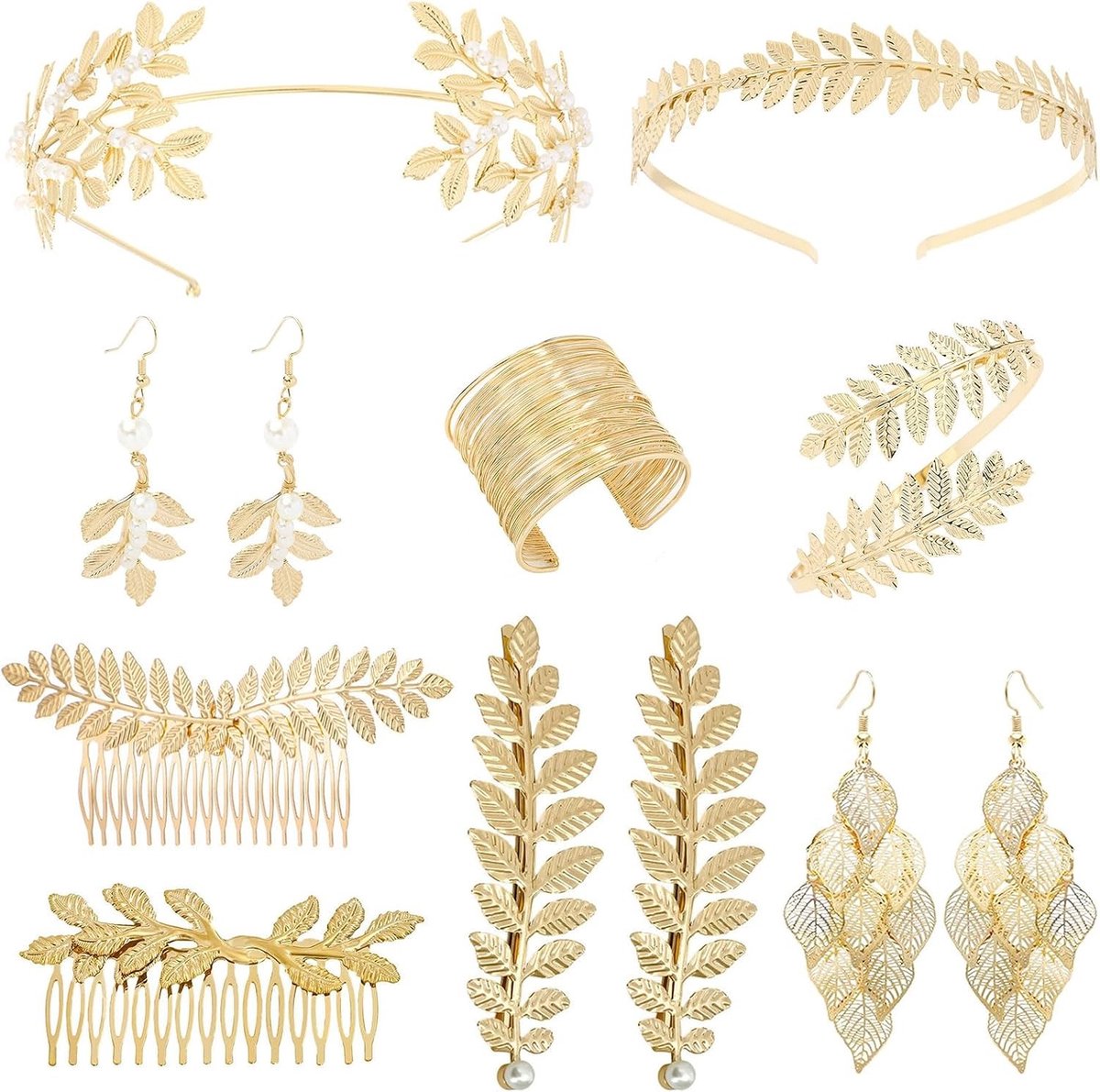 Elegante Griekse Godin Kostuumaccessoires: 10-delig Sieraadset met Gouden Lauriertak, Armband, Oorbellen en Haaraccessoires voor Bruiloft en Feestjes