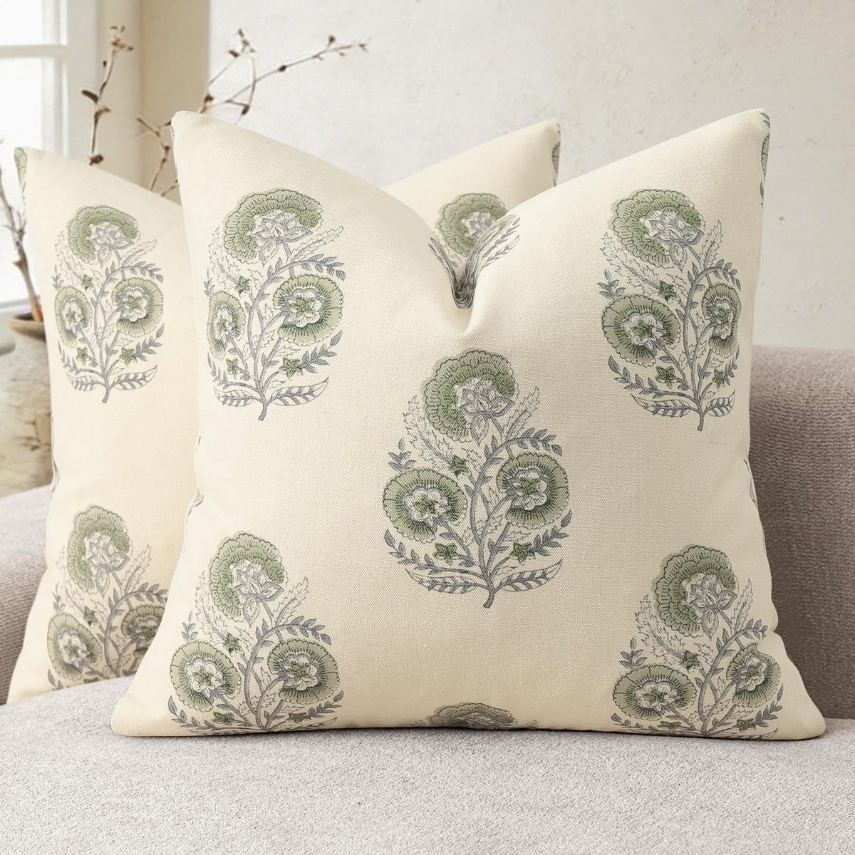 Elzusha - Set van 2 Vintage Bloemendruk Kussenhoezen 60x60 cm in Saliegroen