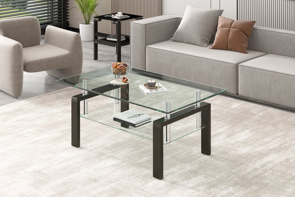 STILVORA Salontafel - Gehard Glas Met Onderblad - Modern Voor Woonkamer En Kleine Ruimtes - Glas En Metaal - 100x60x44 Cm - Transparant