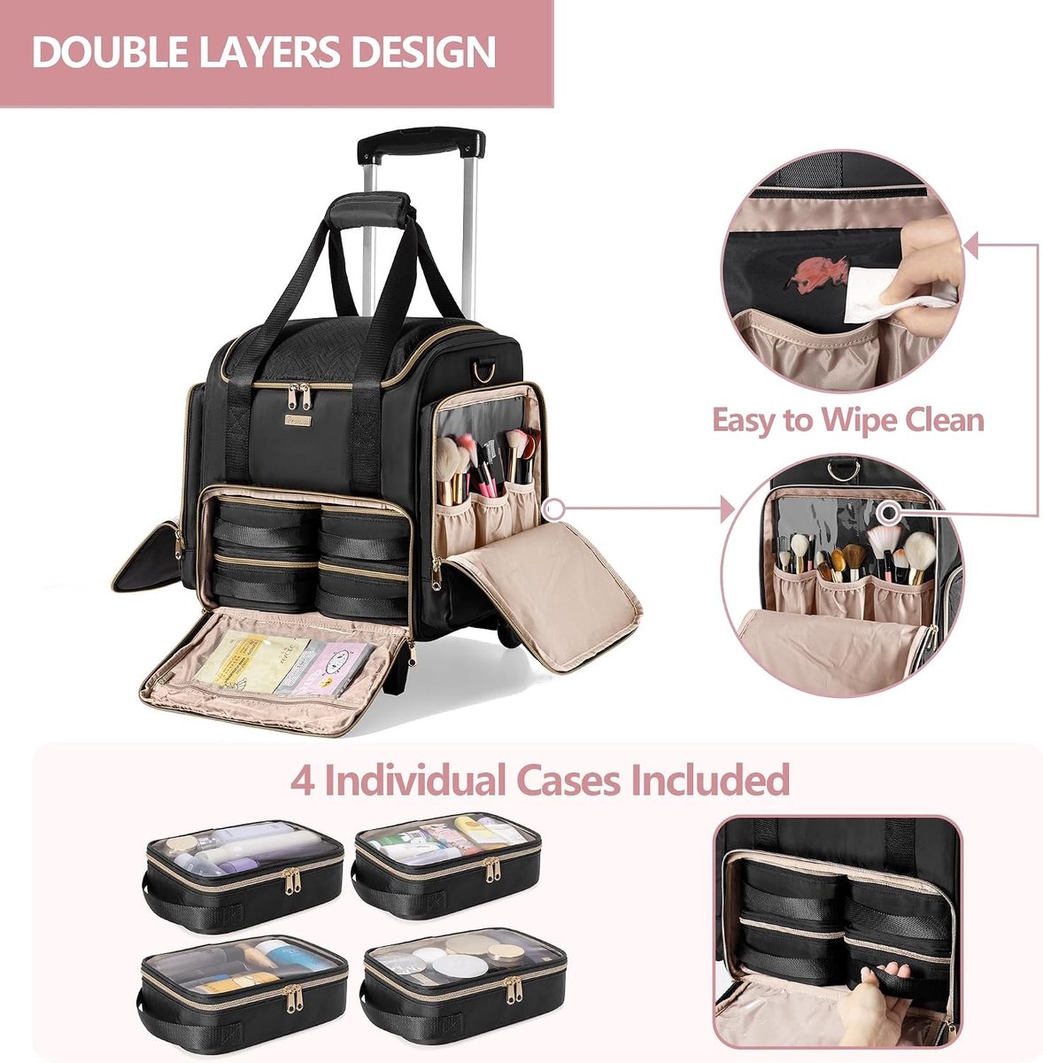 Professionele Make-up Trolley met 4 Opbergdozen, Ideaal voor Make-up Artists en Reizen, Zwart