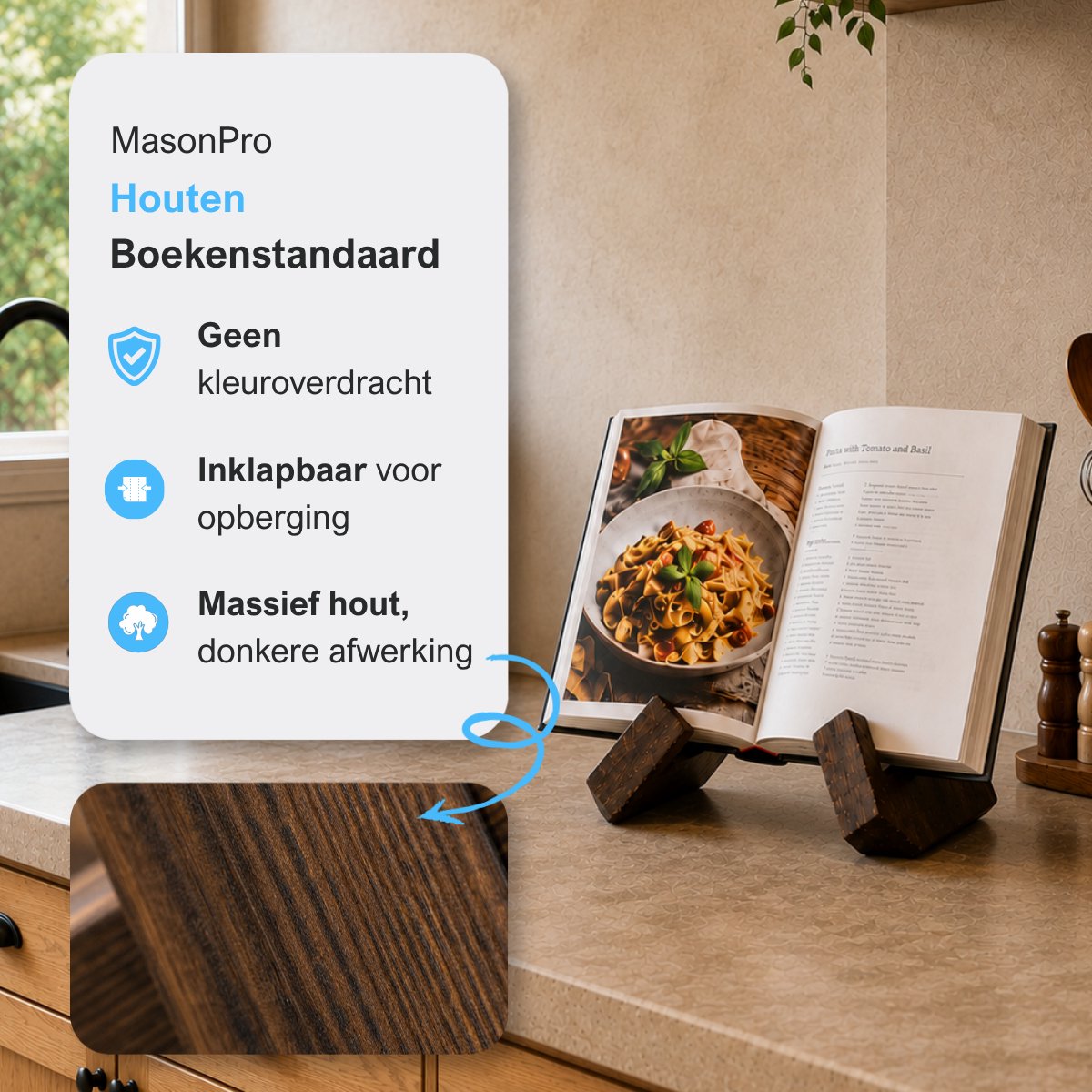 MasonPro Boekenstandaard Hout - Kookboek Standaard - Kookboekhouder - Tablet Standaard - Boeken Houder - Boekhouder - Boekensteun - Leesstandaard - Antislip - 16x21CM — cadeau in Kookcadeaus - foto 2