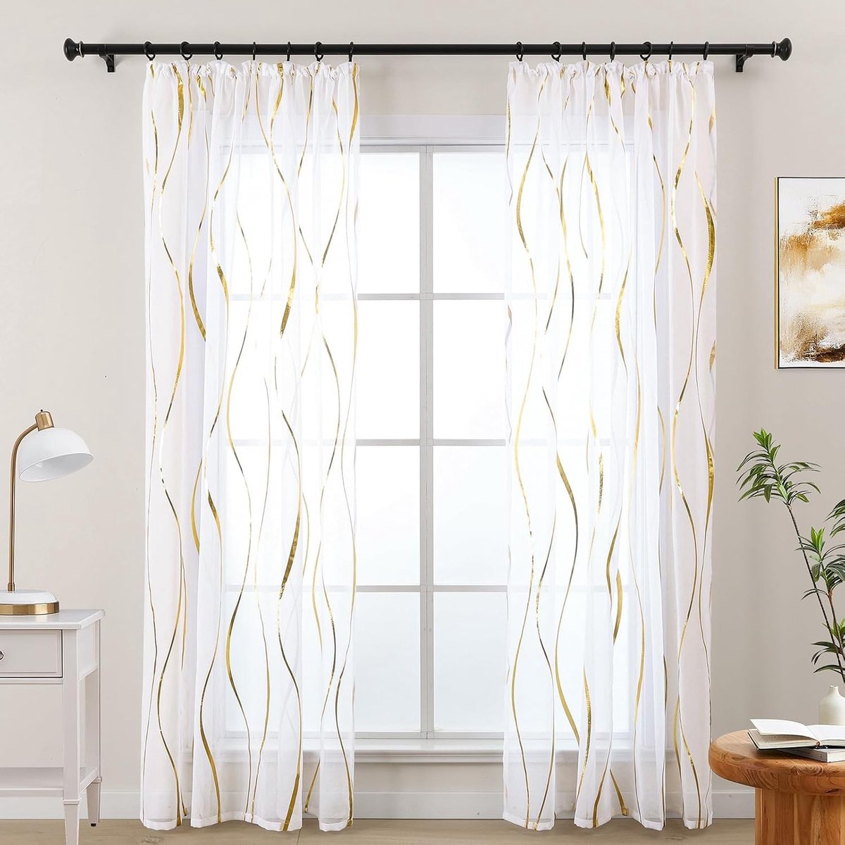 Vitrages kant en klaar plooiband - Goud-wit - 140 x 225 cm - Transparant met Golfpatroon - Voor Woonkamer en Slaapkamer