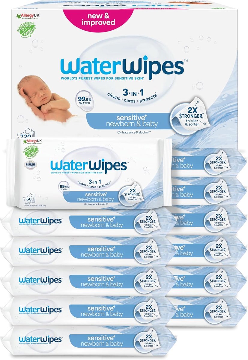 Babydoekjes Sensitive+ - 720 Stuks - 99,9% Gezuiverd Water - Parfum- en Alcoholvrij - Voor Pasgeborenen en Gevoelige Huid - 12 Verpakkingen