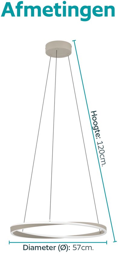 Hanglamp met zandkleurige ring van 57cm, hoogte 120cm, met wit licht.