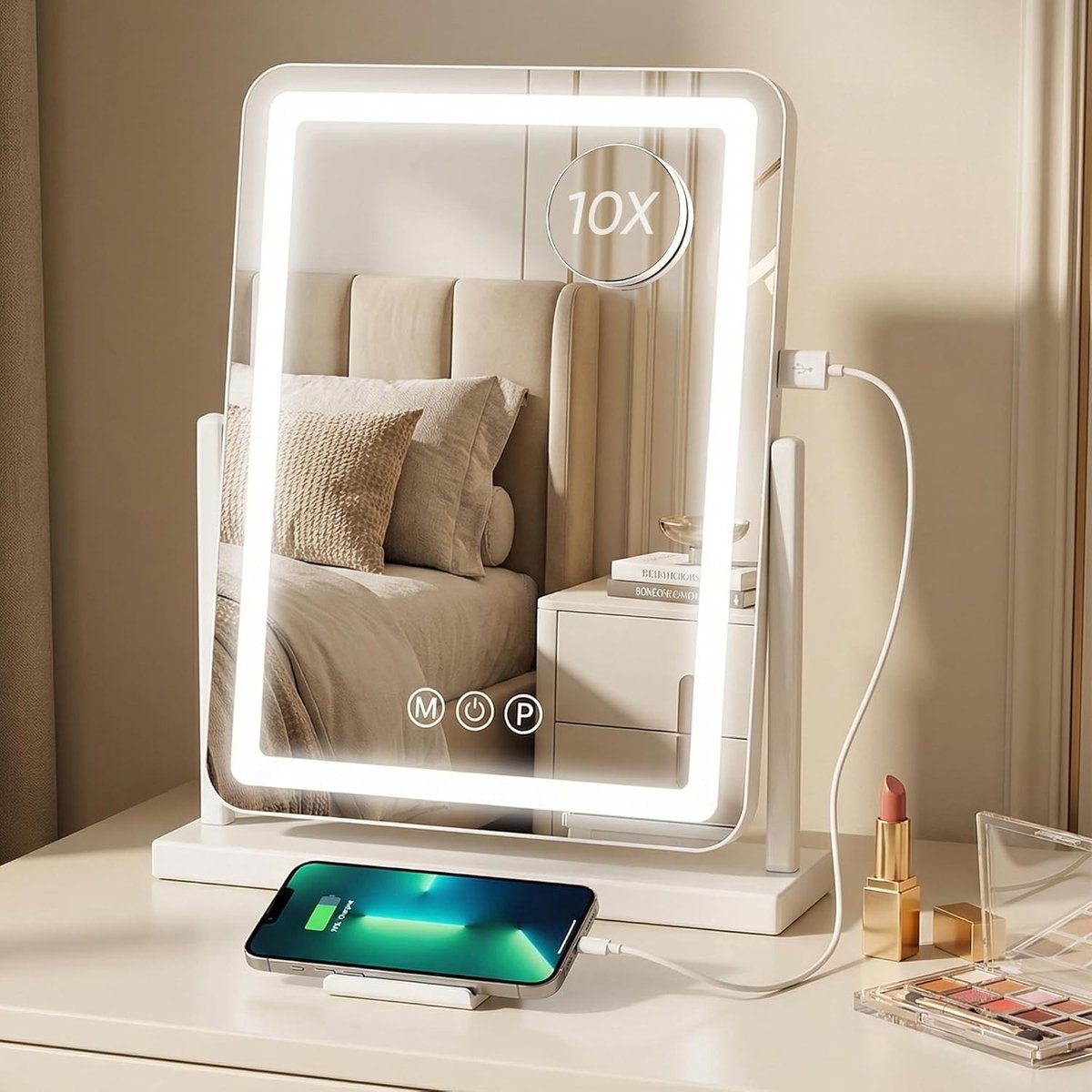 Make-up Tafelspiegel met LED Verlichting, 33 x 46 cm, HD, 360° Rotatie, Dimbare Functie, 3 Kleurtemperaturen, Geheugenfunctie en Aanraakbediening