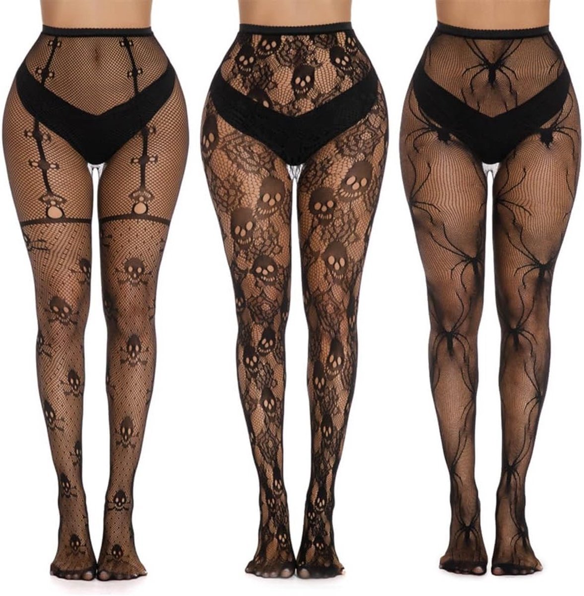 Halloween Fishnet Kousen met Skelet en Spinweb, Hoge Taille, Zwart, Perfect voor Feestjes en Kostuums