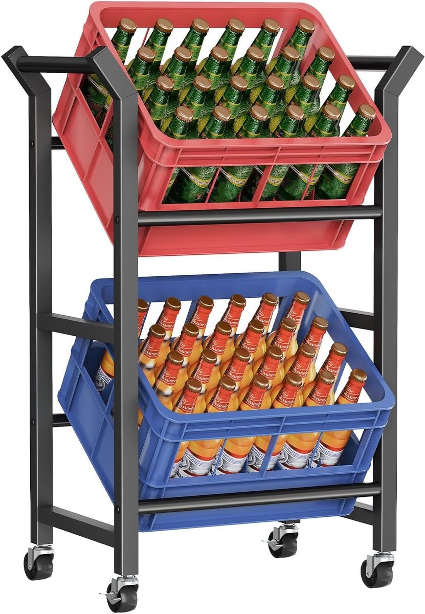 Beverage Crate Rack op Wielen voor 2 Crates, Flessenhouder en Drankenrek, 75kg Draagcapaciteit voor Keuken en Woonkamer, Zwart
