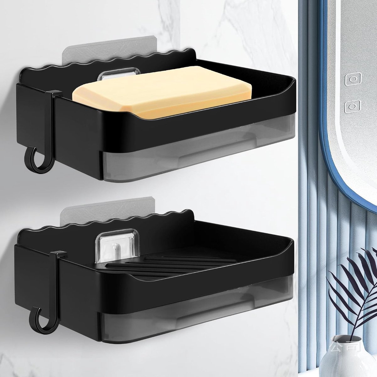 Wandmontage zeepkom met zeepdishouder, geen boren nodig, 2-delig set voor badkamer en keuken met opvangbak en haak, zwart