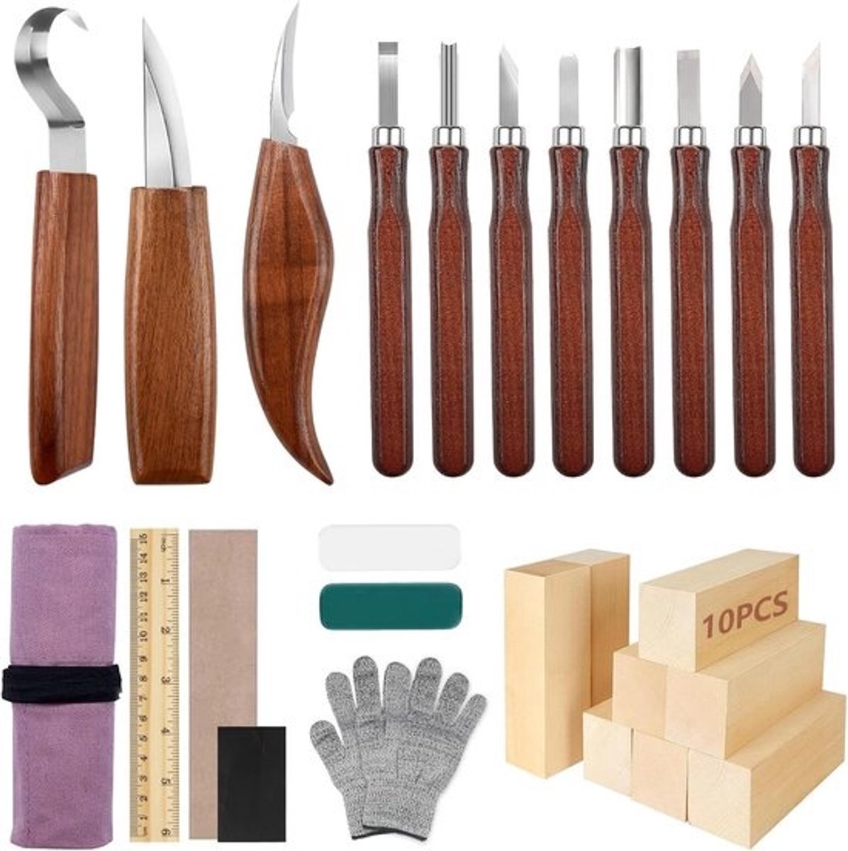 Houtsnijgereedschap Set - Snijmessen Set - Hout Bewerken - 29 Delige Set - 11 Messen - Bruin