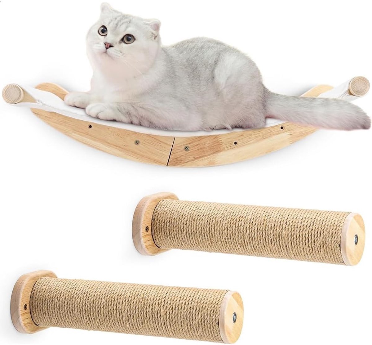 Hangmat voor katten aan de muur, stabiele kattenhangmat van natuurlijk hout, inclusief sisal krabpaal, geschikt voor kittens en volwassen katten (set van 3)