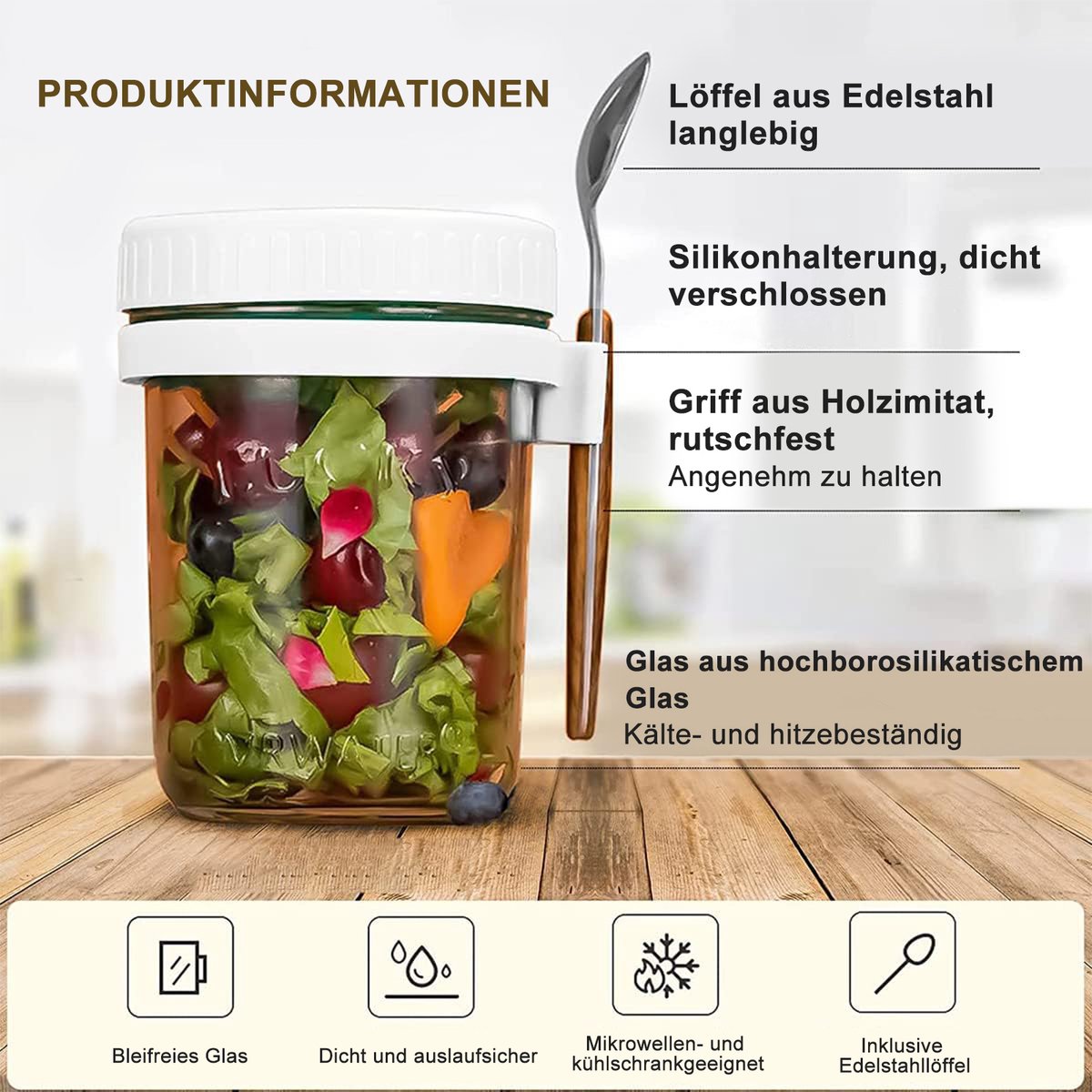 Wishdor Havermout beker to go set van 2 - Glazen pot van 350 ml met deksel en lepel - Lekvrije yoghurt beker voor ontbijt en lunch - Magnetronbestendig - Ø 8,7 x 12,2 cm — cadeau in Kookcadeaus - foto 6