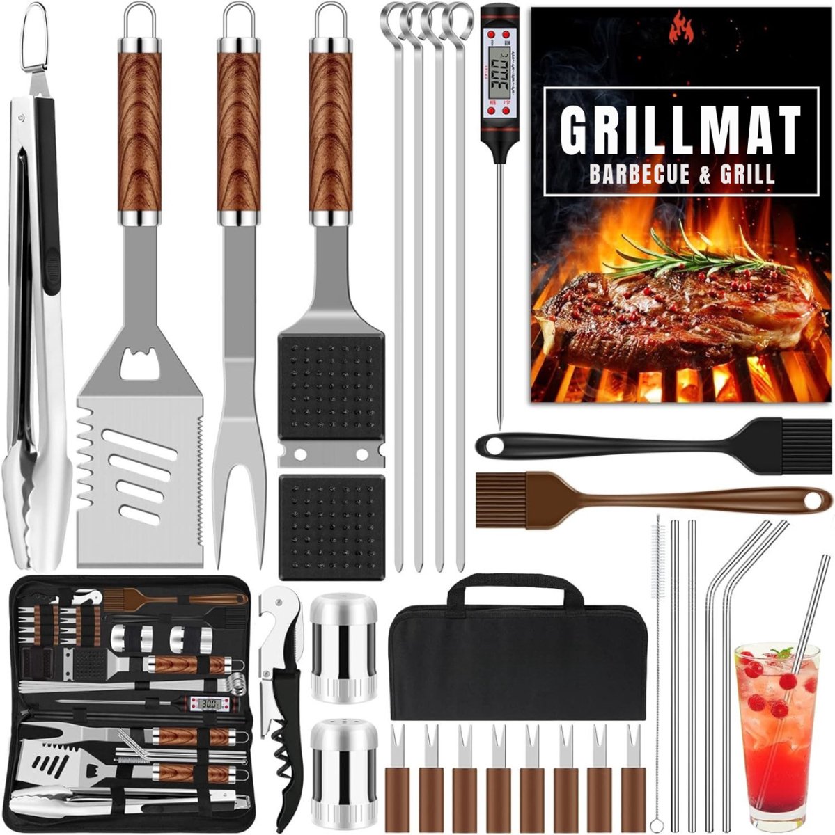 Lìon® BBQ Tang - Professioneel Cadeau voor Mannen - Barbecueaccessoireset - Bruin/Zilver - 39cm x 14cm x 6cm