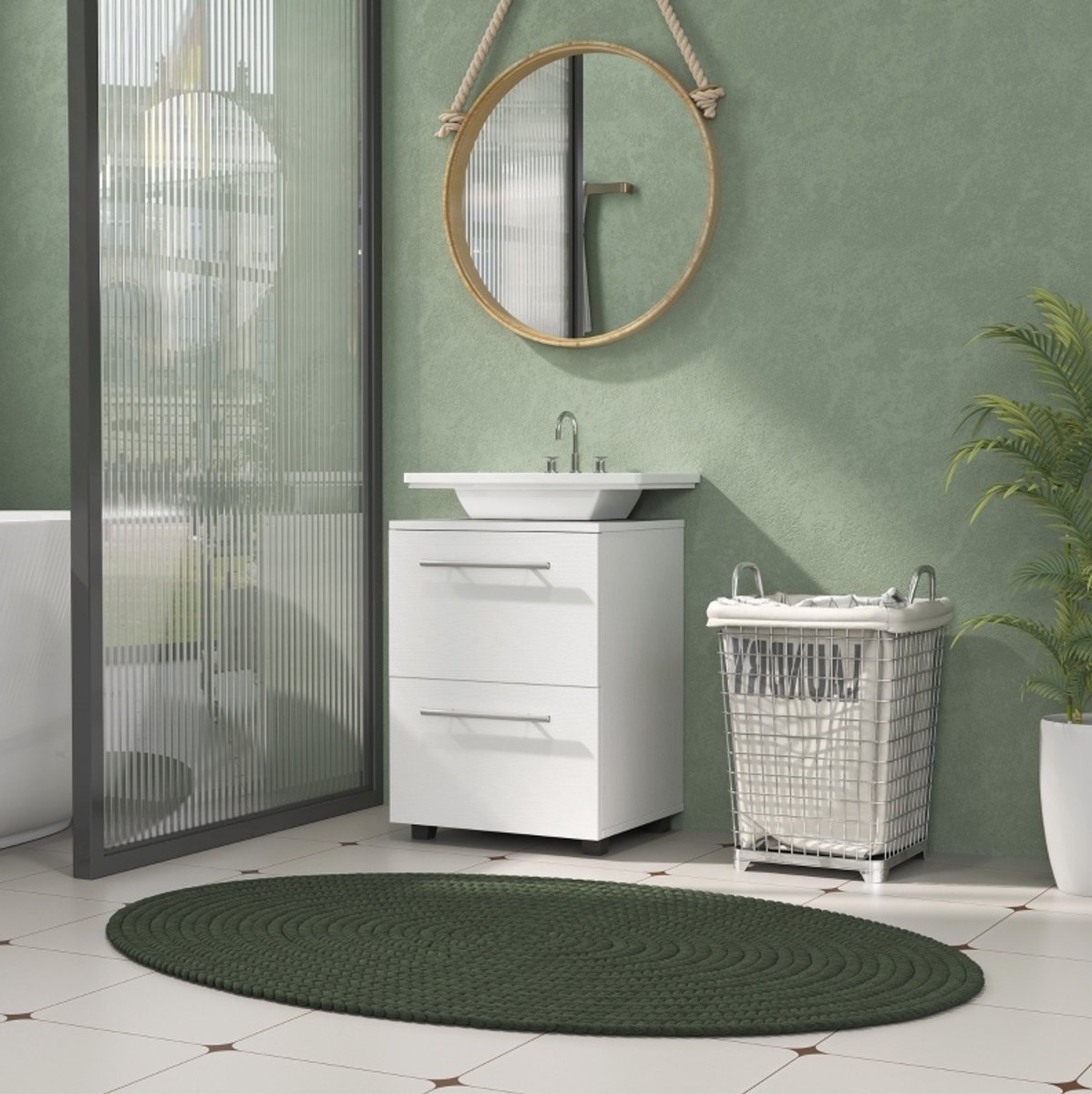 OKWISH Badkamerkast - Compacte Wastafelonderkast Met U-Vormige Uitsparing En Lade - Voor Kleine Badkamer - Spaanplaat Wit - 41,5x35,5x59 cm