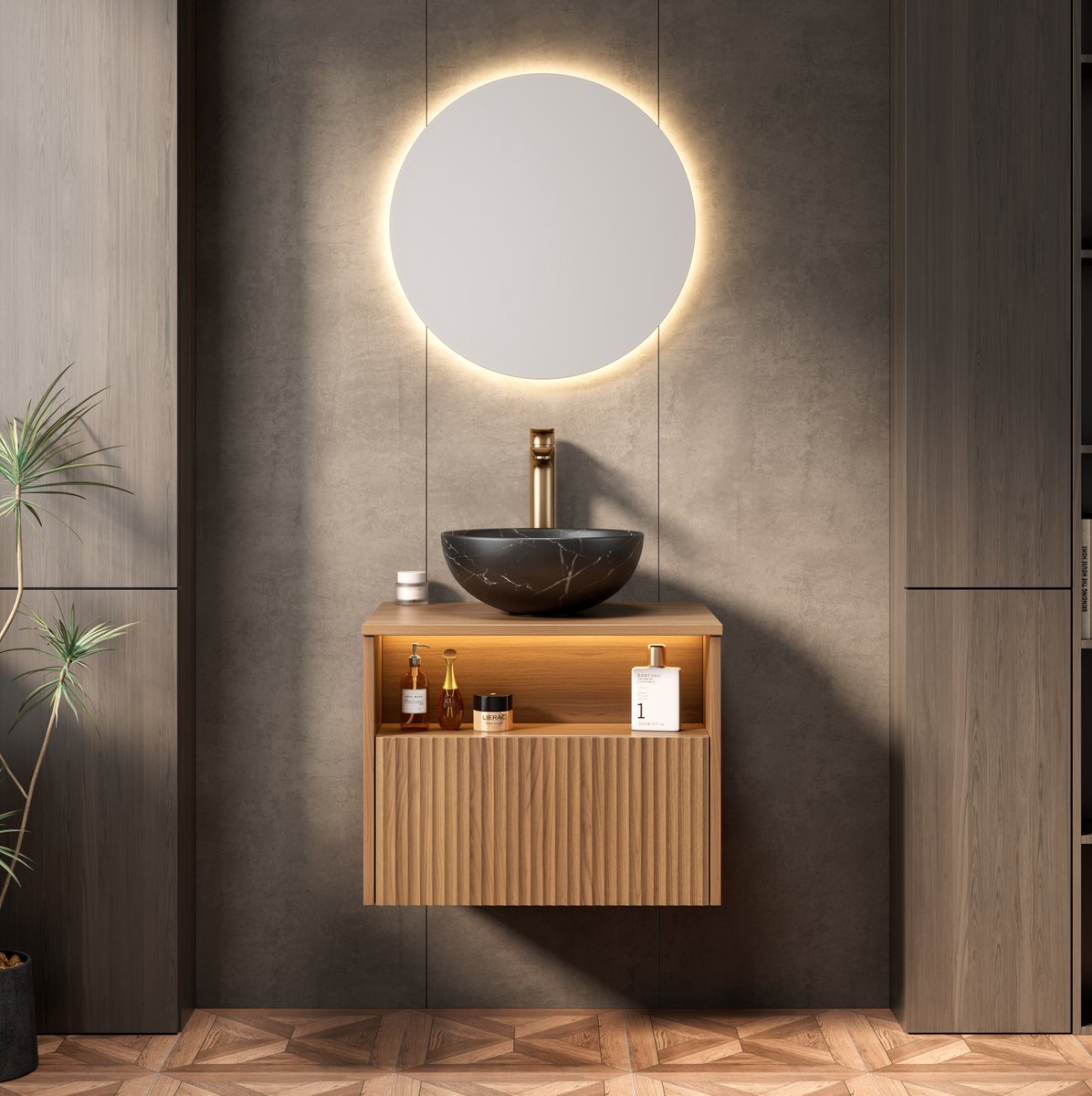 OKWISH Wastafelmeubel - Zwevend Badkamermeubel Met Waskom, Lade En Open Vak - 60x46x45 cm - Sensor LED - Keramiek Bruin Eiken