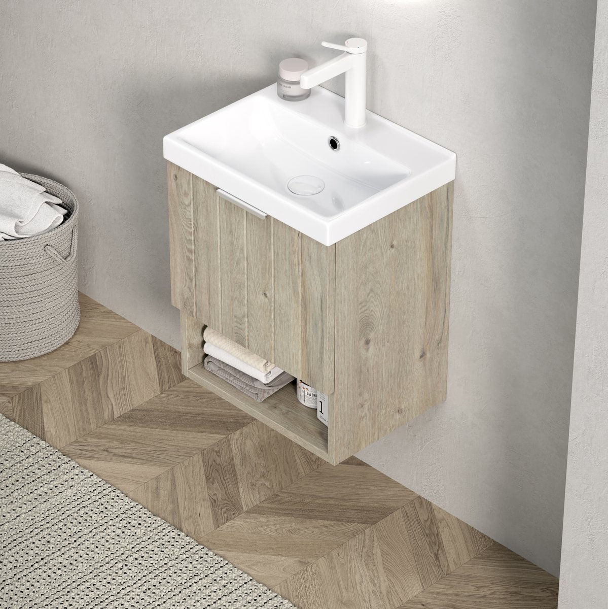 OKWISH Badkamerkast Met Wastafel - Wandgemonteerd, 2 Deuren En Open Vak - Keramiek, Gebroken Wit Eikenkleur - 42x32x53 cm