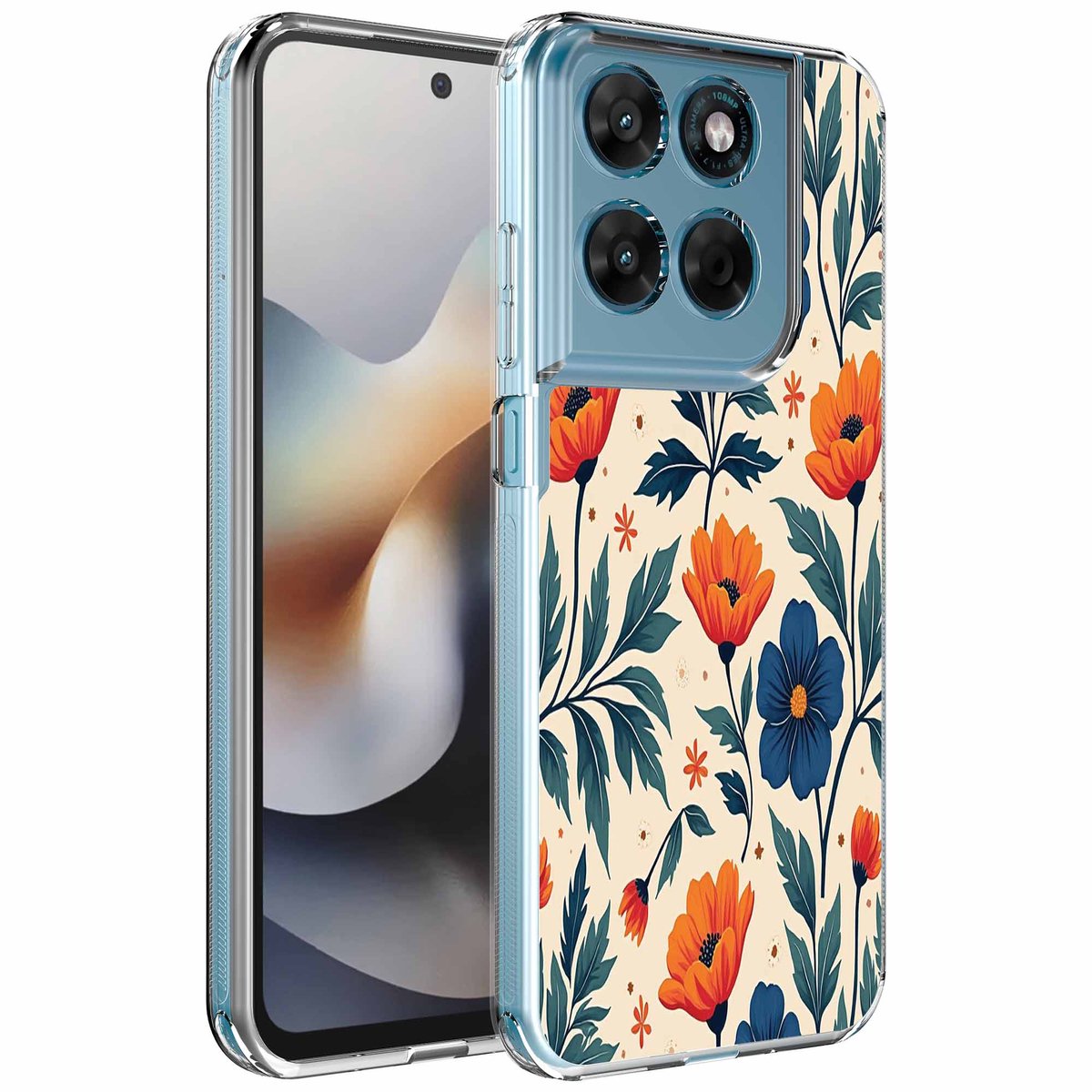 Smartphonica Geschikt voor Motorola Moto G56 Telefoonhoesje met Rode en Blauwe Bloemen opdruk - Draadloos op te laden - Shockproof Siliconen TPU Strong Case - Sterk Schokbestendig Telefoonhoesje geschikt voor Motorola Moto G56