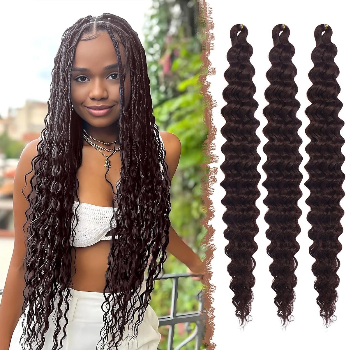 Diepe golven haarextensies - 3 pakketten synthetisch bruin haar - Bohemian krullend haar voor vrouwen, 55 cm lang, ideaal voor vlechten en stijlen