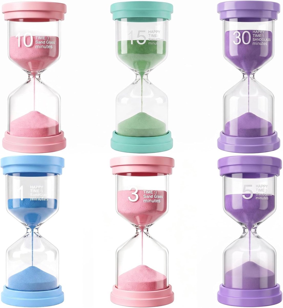 Zandloperset met 6 kleurrijke zandlopers in macaronkleuren, ideaal als keukentimer en eierklok, perfect voor kinderen en kantoorgebruik